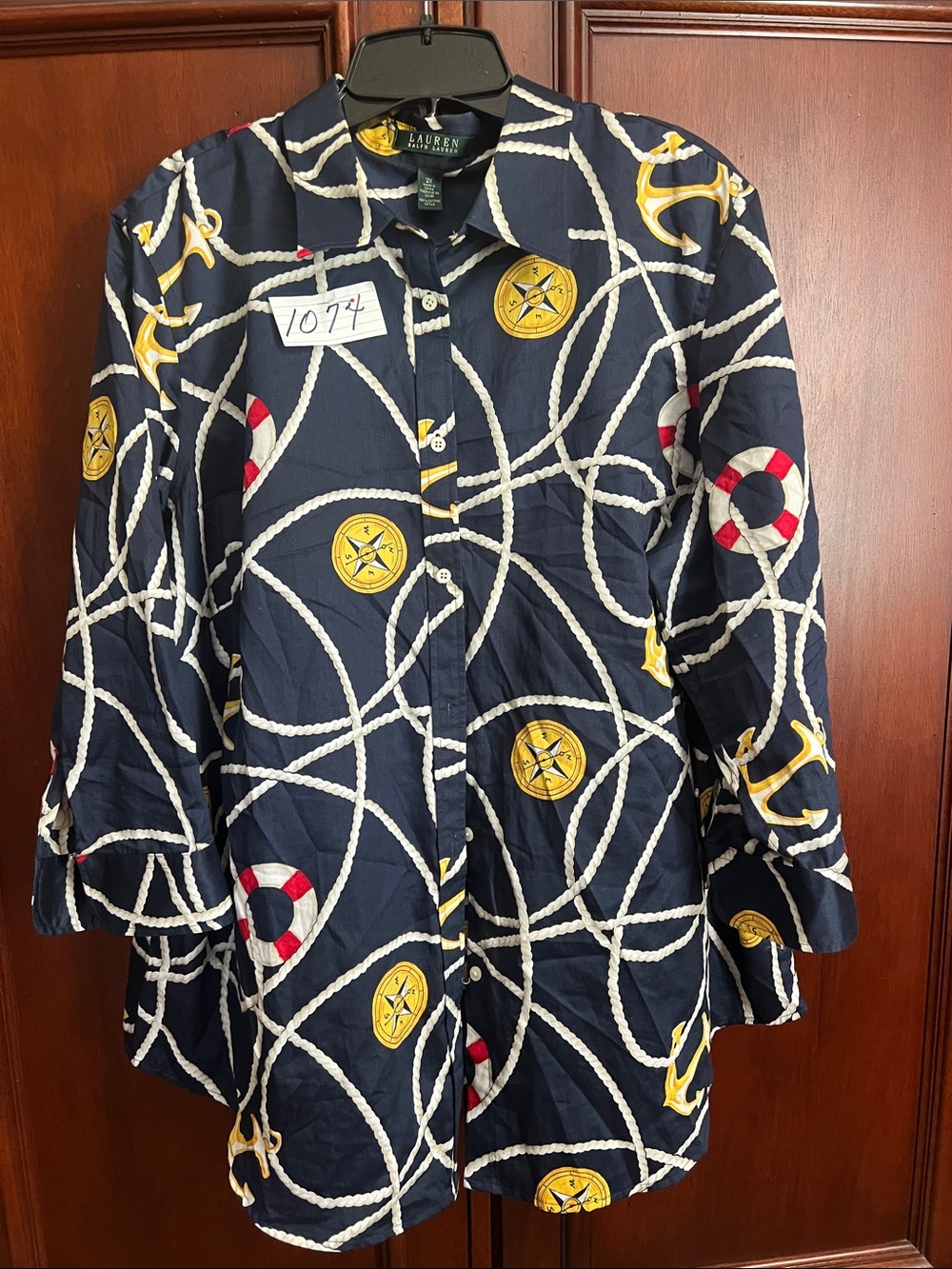 Ralph Lauren Navy Nautical Rope and Life Ring Button-Up  Vintage Size 2X